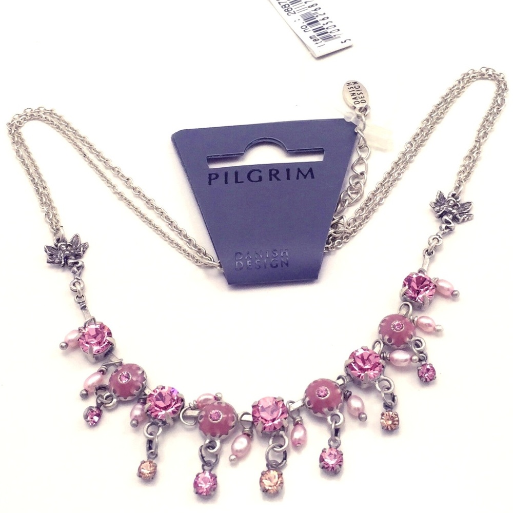SIGNED PILGRIM FAIRY NECKLACE PINK CRYSTAL PEARLS